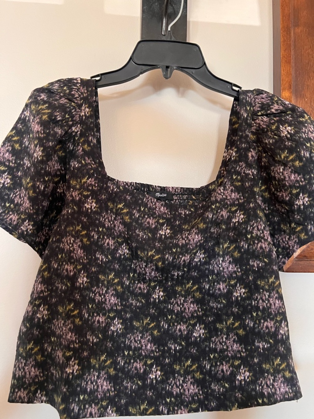 Madewell Black Floral Square-Neck Crop Top with Pink Accents